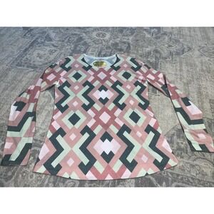 Womens Vintage Penny Lane Allover Print Long Sleeve Shirt‎ Size Large Pink Green